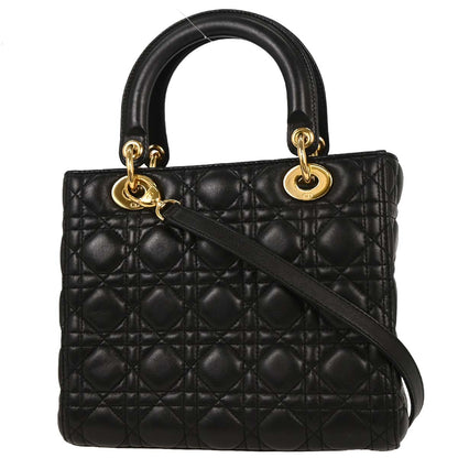 Christian Dior Black Lambskin Medium Lady Dior Cannage 2way Shoulder Handbag