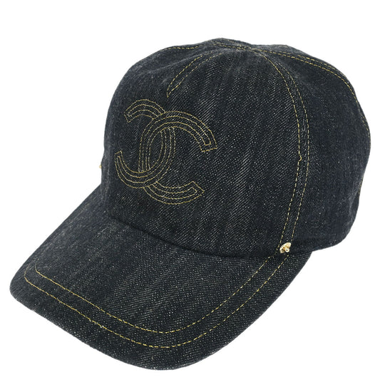 Chanel Cap Hat Denim Navy #M Small Good