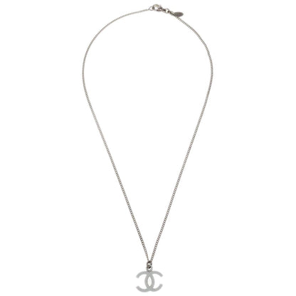 Chanel CC Chain Pendant Necklace Silver White 04C