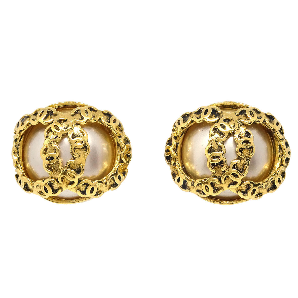 Chanel Button Earrings Clip-On Gold Costume Pearl 94P