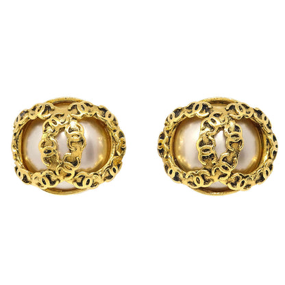 Chanel Button Earrings Clip-On Gold Costume Pearl 94P