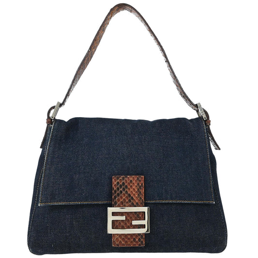 Fendi * Navy Brown Denim Python Mamma Baguette Handbag