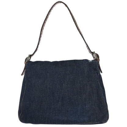 Fendi * Navy Brown Denim Python Mamma Baguette Handbag