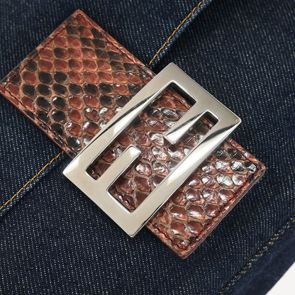 Fendi * Navy Brown Denim Python Mamma Baguette Handbag