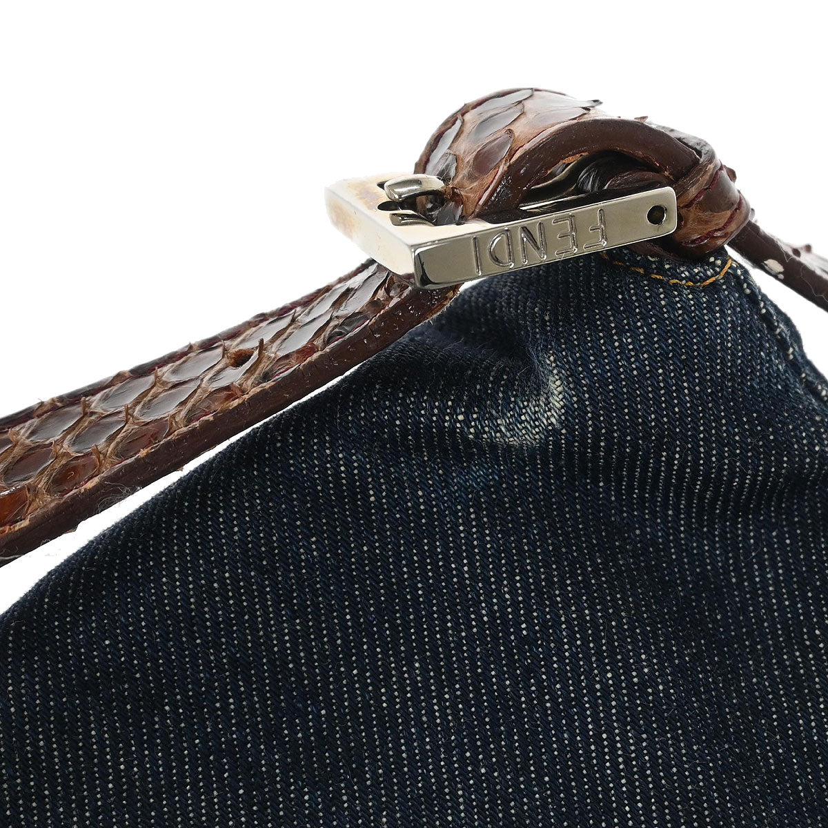 Fendi * Navy Brown Denim Python Mamma Baguette Handbag