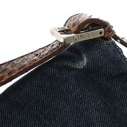Fendi * Navy Brown Denim Python Mamma Baguette Handbag