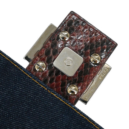 Fendi * Navy Brown Denim Python Mamma Baguette Handbag