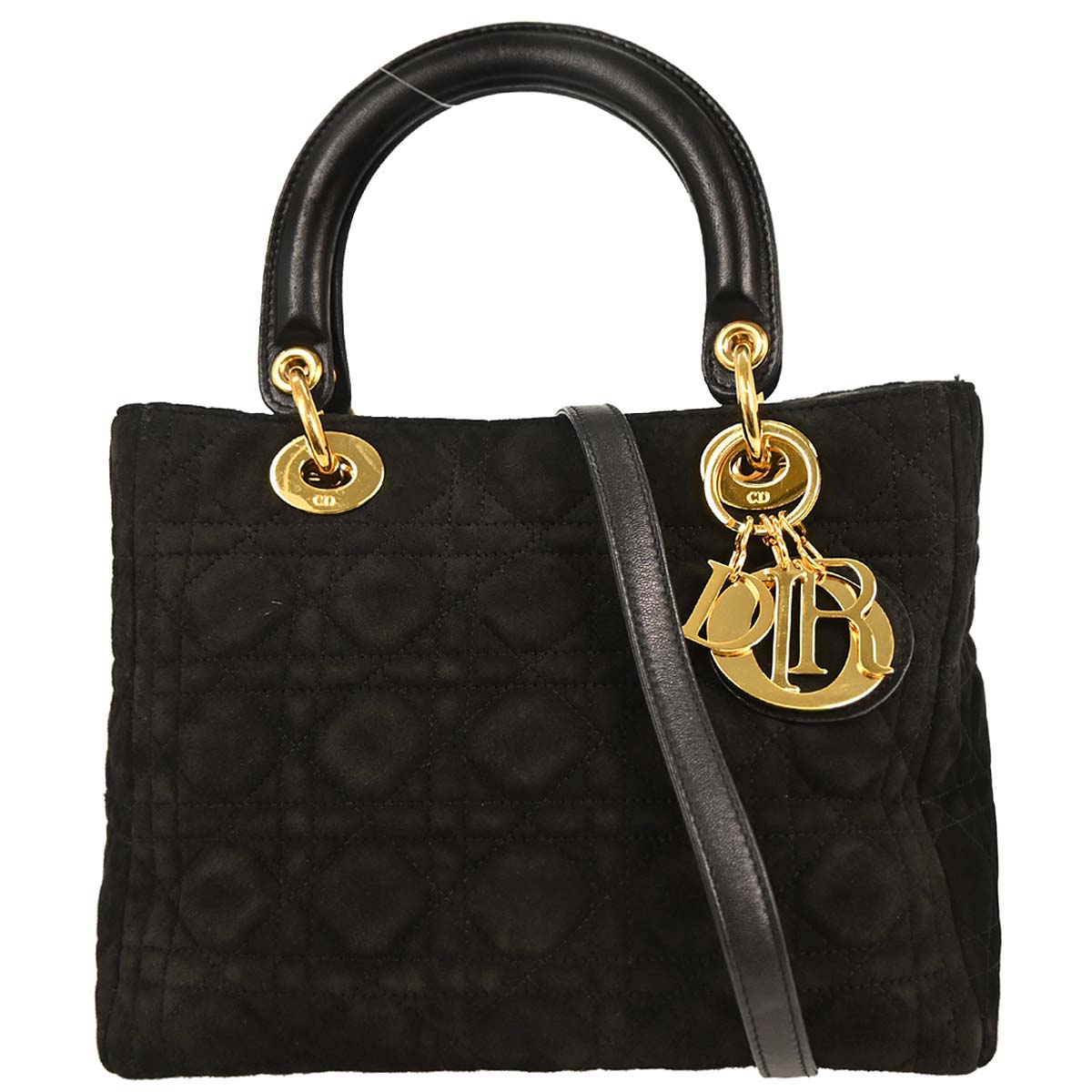 Christian Dior Black Suede Medium Lady Dior Cannage 2way Shoulder Handbag