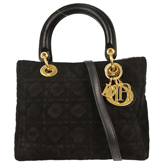 Christian Dior Black Suede Medium Lady Dior Cannage 2way Shoulder Handbag