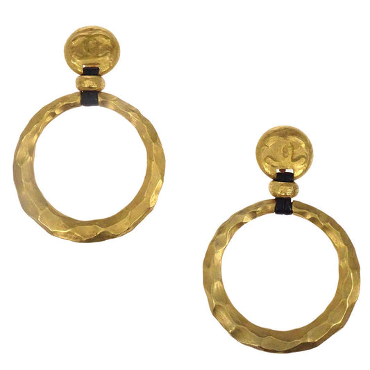 Chanel Dangle Hoop Earrings Clip-On Gold 93P