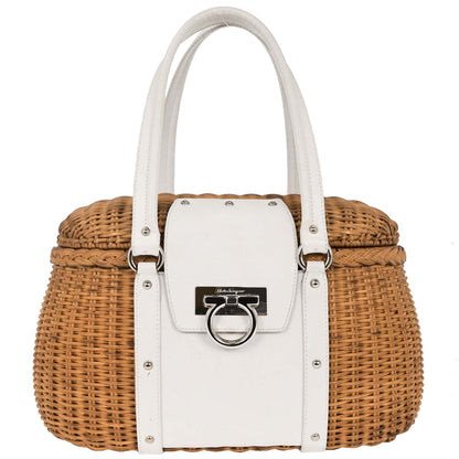 Salvatore Ferragamo White Rattan Gancini Handbag