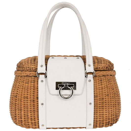 Salvatore Ferragamo White Rattan Gancini Handbag