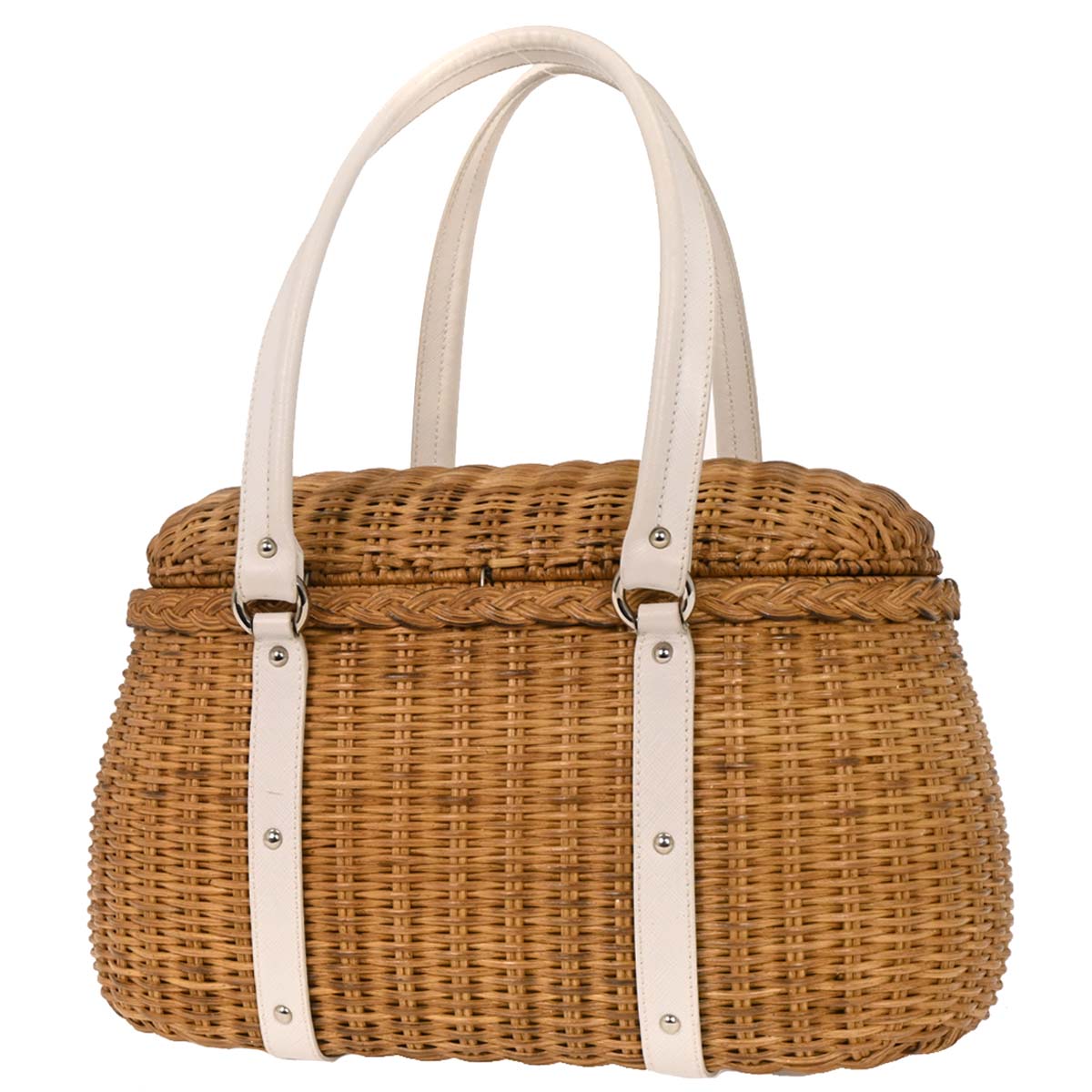 Salvatore Ferragamo White Rattan Gancini Handbag