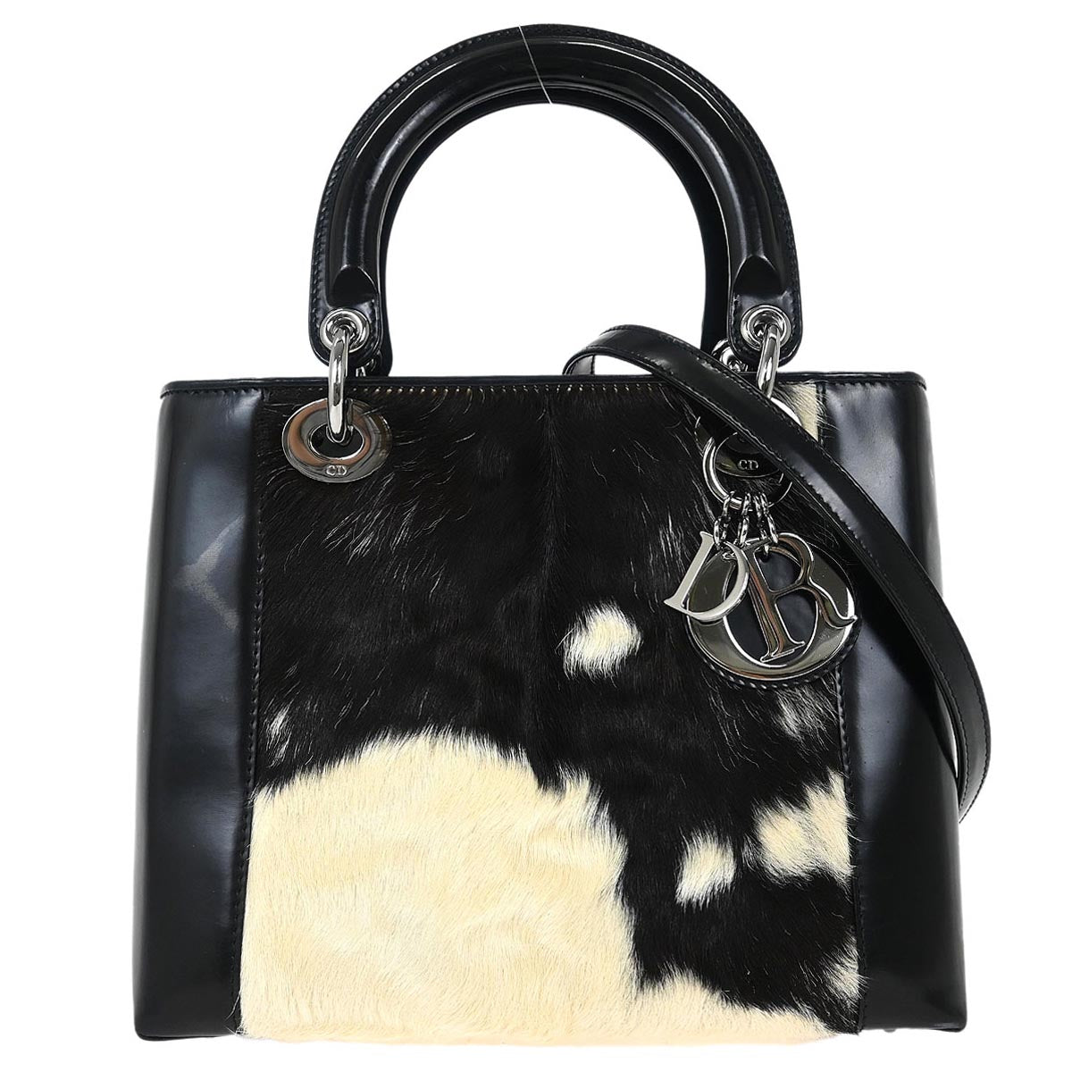 Christian Dior * Black White Fur Medium Lady Dior 2way Shoulder Handbag