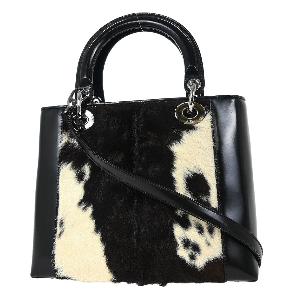 Christian Dior * Black White Fur Medium Lady Dior 2way Shoulder Handbag