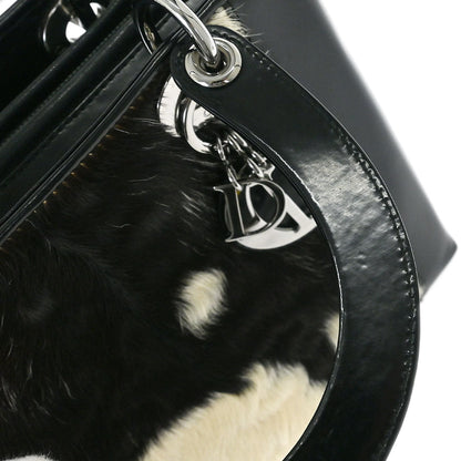 Christian Dior * Black White Fur Medium Lady Dior 2way Shoulder Handbag