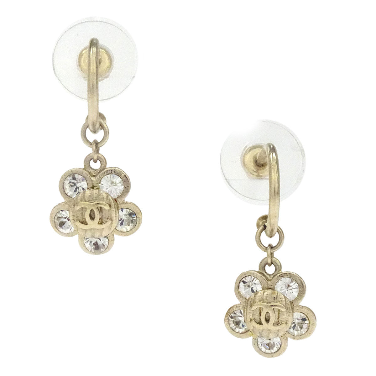 Chanel Dangle Flower Piercing Earrings Gold Rhinestone 07A