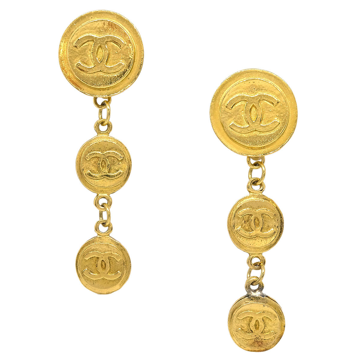 Chanel Dangle Button Earrings Clip-On Gold
