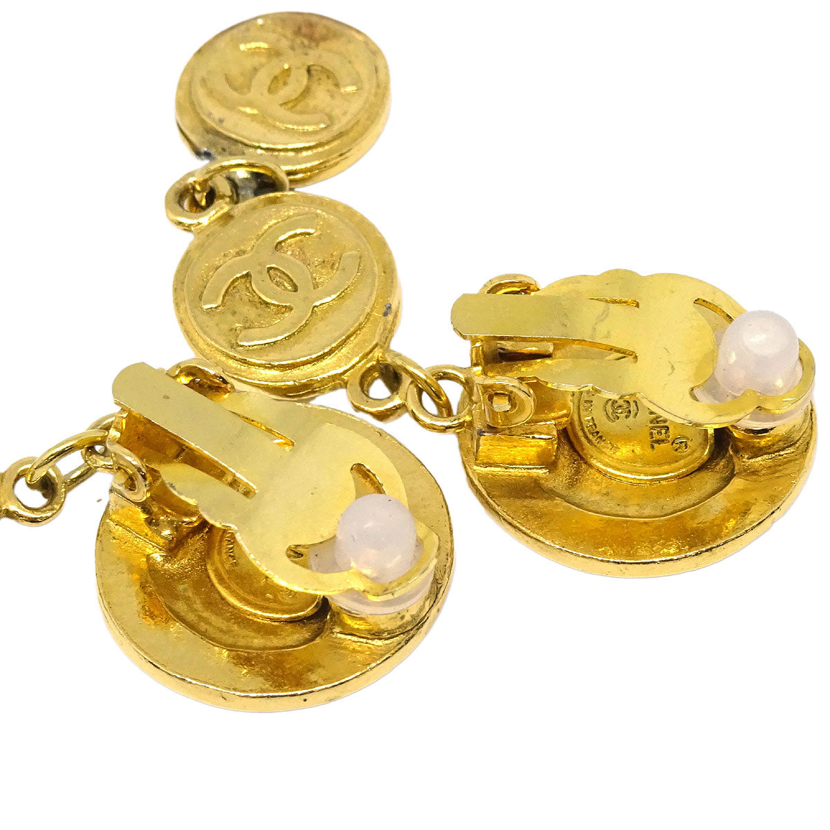 Chanel Dangle Button Earrings Clip-On Gold