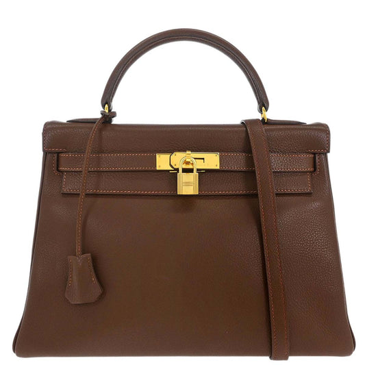 Hermes Marron Fonce Togo Kelly 32 Retourne Handbag