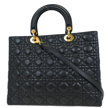 Christian Dior Black Lambskin Large Lady Dior Cannage 2way Shoulder Handbag