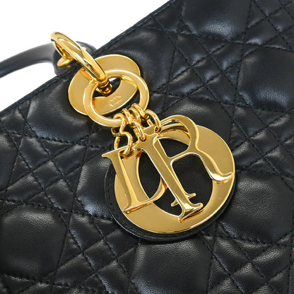 Christian Dior Black Lambskin Large Lady Dior Cannage 2way Shoulder Handbag