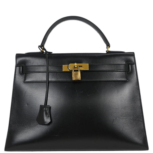 Hermes Black Box Calf Kelly 32 Sellier Handbag