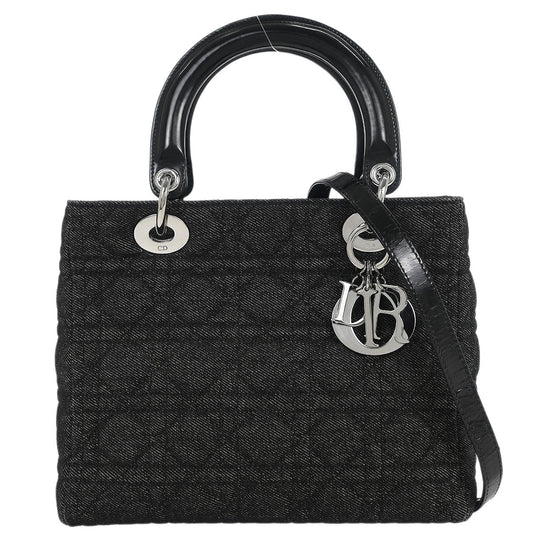 Christian Dior Black Denim Medium Lady Dior Cannage Handbag
