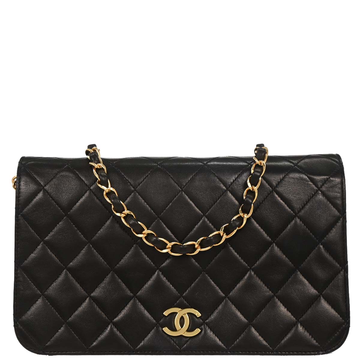 Chanel 1994-1996 Black Lambskin Pushlock Small Full Flap Shoulder Bag