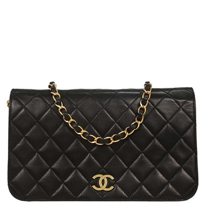 Chanel 1994-1996 Black Lambskin Pushlock Small Full Flap Shoulder Bag