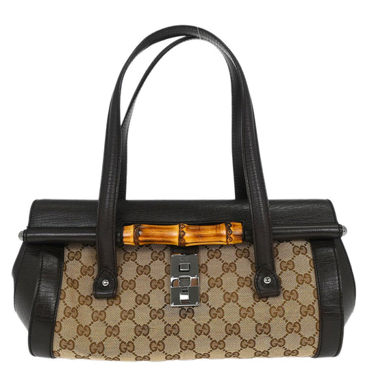 Gucci Beige Black Bamboo GG Handbag
