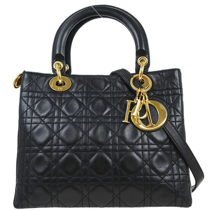 Christian Dior Black Lambskin Medium Lady Dior Cannage 2way Shoulder Handbag