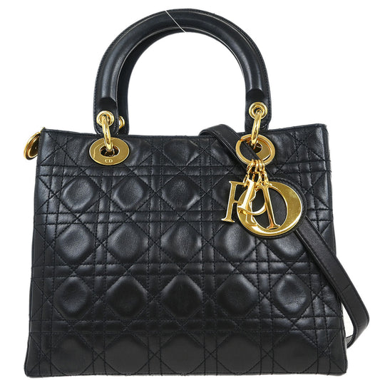 Christian Dior Black Lambskin Medium Lady Dior Cannage 2way Shoulder Handbag