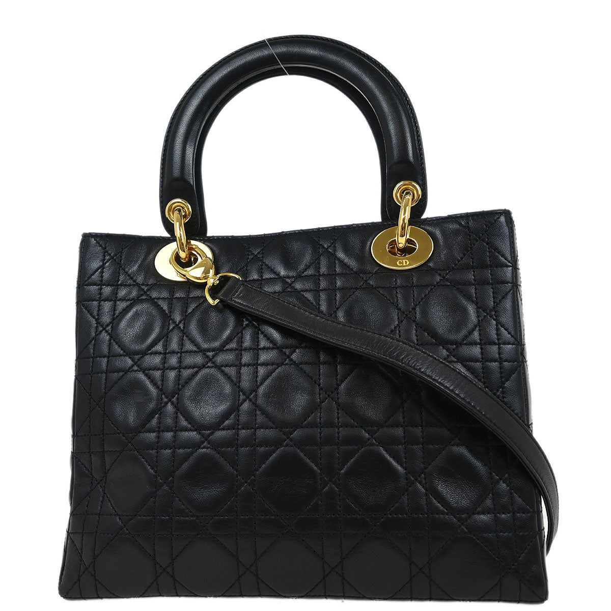 Christian Dior Black Lambskin Medium Lady Dior Cannage 2way Shoulder Handbag