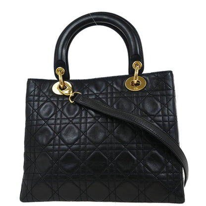 Christian Dior Black Lambskin Medium Lady Dior Cannage 2way Shoulder Handbag