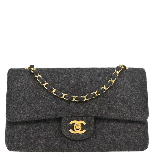 Chanel Gray Wool Medium Classic Double Flap Shoulder Bag
