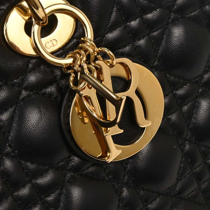 Christian Dior Black Lambskin Large Lady Dior Cannage 2way Shoulder Handbag