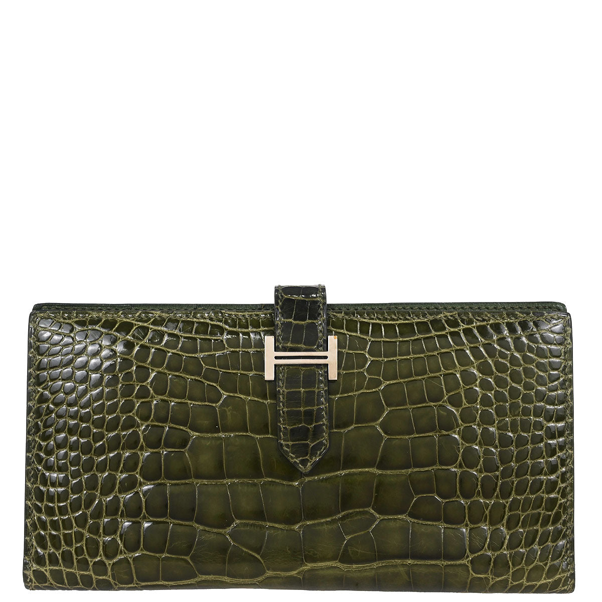 Hermes * Olive Green Alligator Bearn Soufflet Wallet