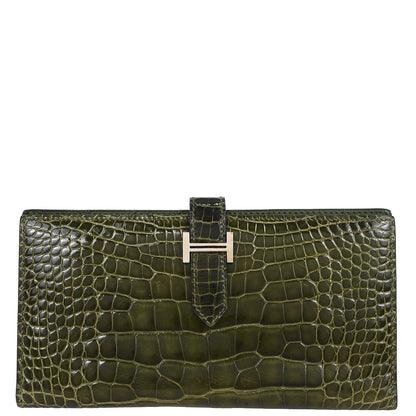 Hermes * Olive Green Alligator Bearn Soufflet Wallet