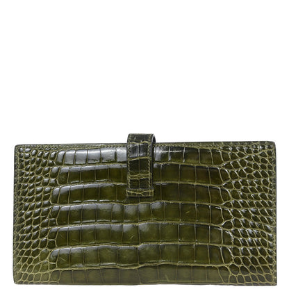 Hermes * Olive Green Alligator Bearn Soufflet Wallet