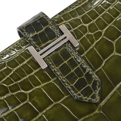 Hermes * Olive Green Alligator Bearn Soufflet Wallet