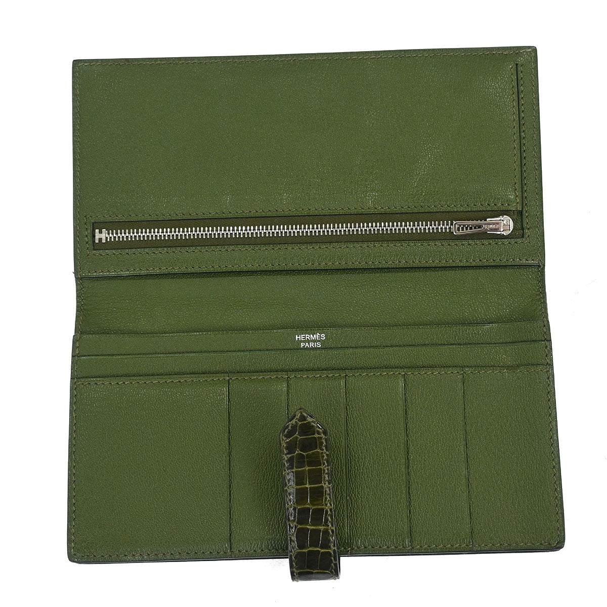 Hermes * Olive Green Alligator Bearn Soufflet Wallet