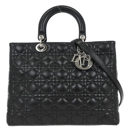 Christian Dior Black Lambskin Large Lady Dior Cannage 2way Handbag