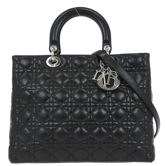 Christian Dior Black Lambskin Large Lady Dior Cannage 2way Handbag