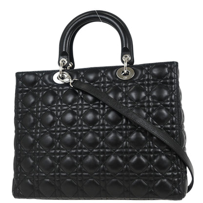 Christian Dior Black Lambskin Large Lady Dior Cannage 2way Handbag
