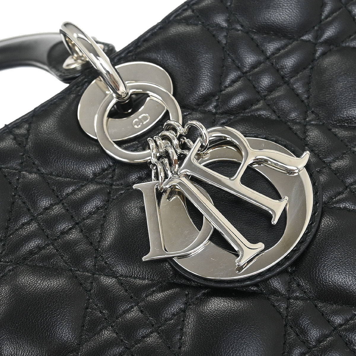 Christian Dior Black Lambskin Large Lady Dior Cannage 2way Handbag