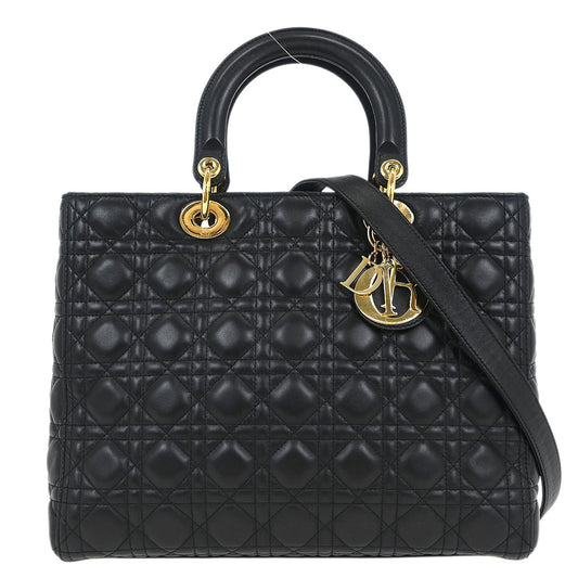 Christian Dior Black Lambskin Large Lady Dior Cannage 2way Handbag