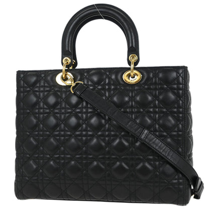 Christian Dior Black Lambskin Large Lady Dior Cannage 2way Handbag