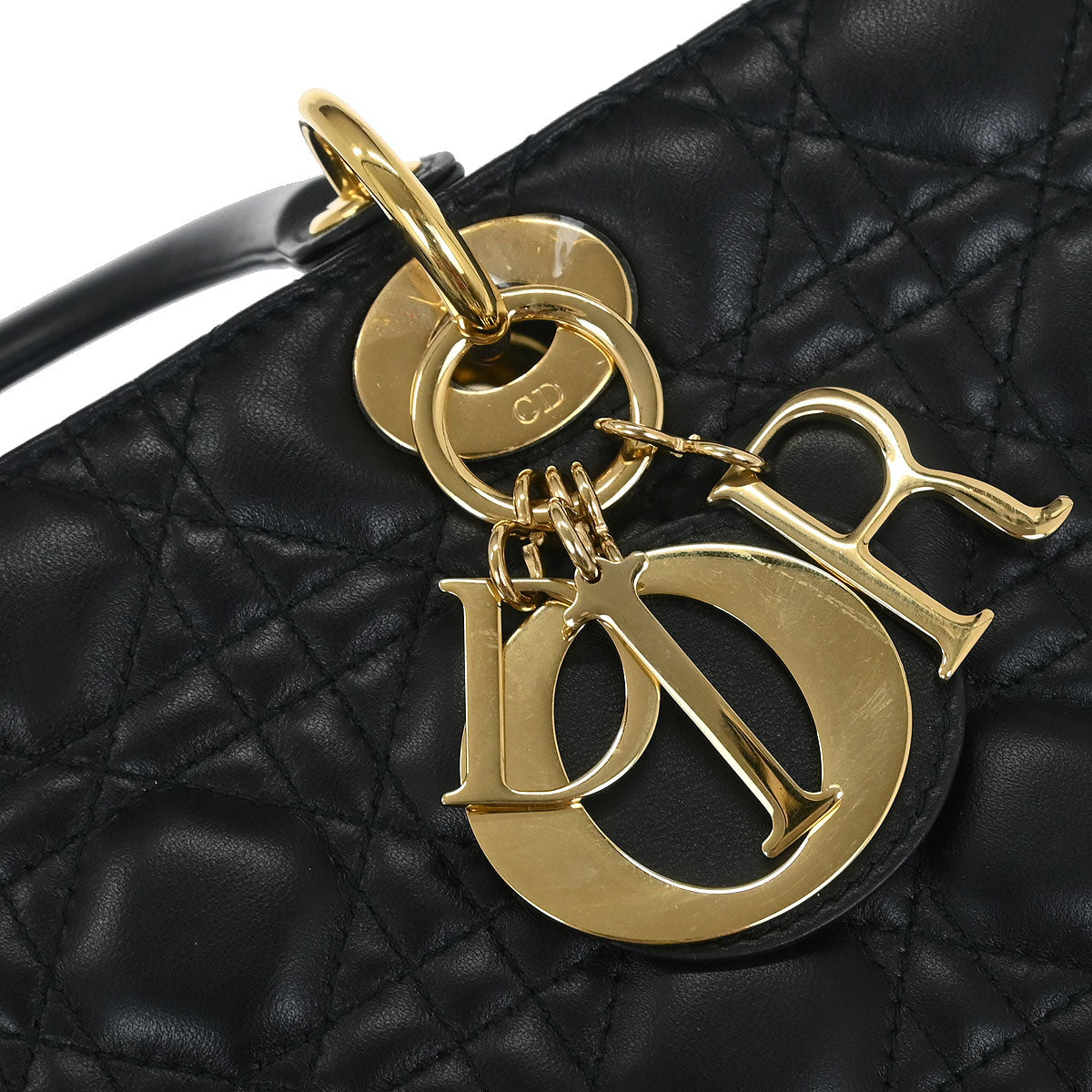 Christian Dior Black Lambskin Large Lady Dior Cannage 2way Handbag