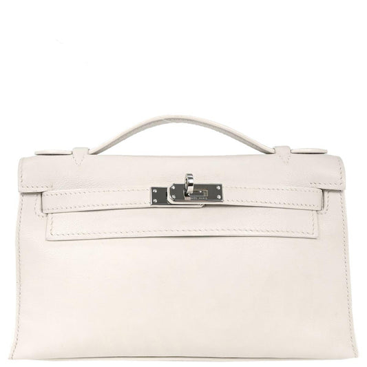 Hermes White Evergrain Kelly Pochette Handbag